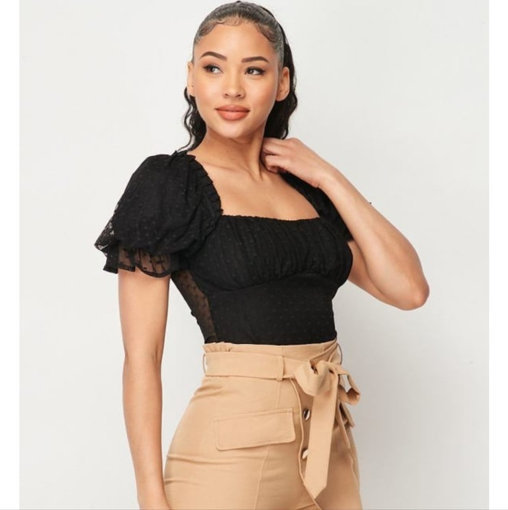 Black Swiss Dot Puff Sleeve Bodysuit | Chic Sheer Sleeve Top | Size M